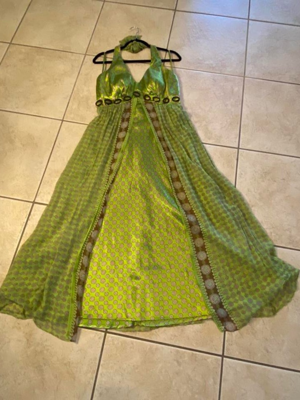 Vintage Lime Green Halter Maxi Dress with Brown Accents - Picture 3 of 8